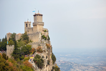 Fototapeta na wymiar San marino, San Marino - July 10, 2017: Panoramic View of a castle tower.
