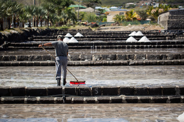 People collect the salt on a Sunny day on the shores of the Indian ocean in Mauritius.