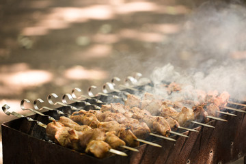Marinated shashlik preparing on a barbecue grill over charcoal. Shashlik or Shish kebab popular in Eastern Europe. Shashlyk (skewered meat) was originally made of lamb. Roast Beef Kebabs On BBQ Grill.