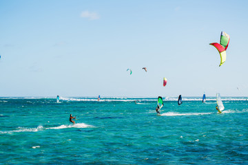 Kitesurfers on the Le Morne beach in Mauritius