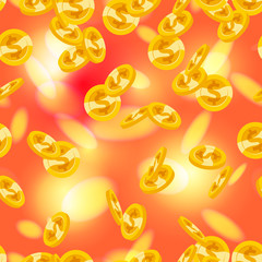 Vector seamless pattern with falling golden coins isolated on red blurred background. Money rain illustration. Currency sign, gold cash coins.