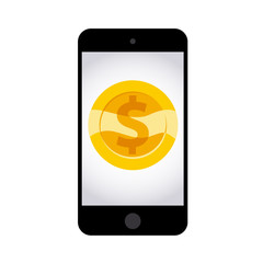 Vector flat illustration with black smartphone and golden coin on its screen isolated on white background. Electronic gadget. Gold coin icon with dollar symbol.