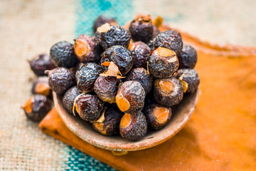 Close up of soap  nut .Sapindus in a clay bowl on a gunny bag.