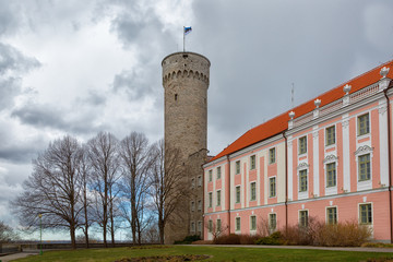 Tall Hermann tower and Parliament building. Toompea, Governors garden, Tallinn in spring, Estonia
