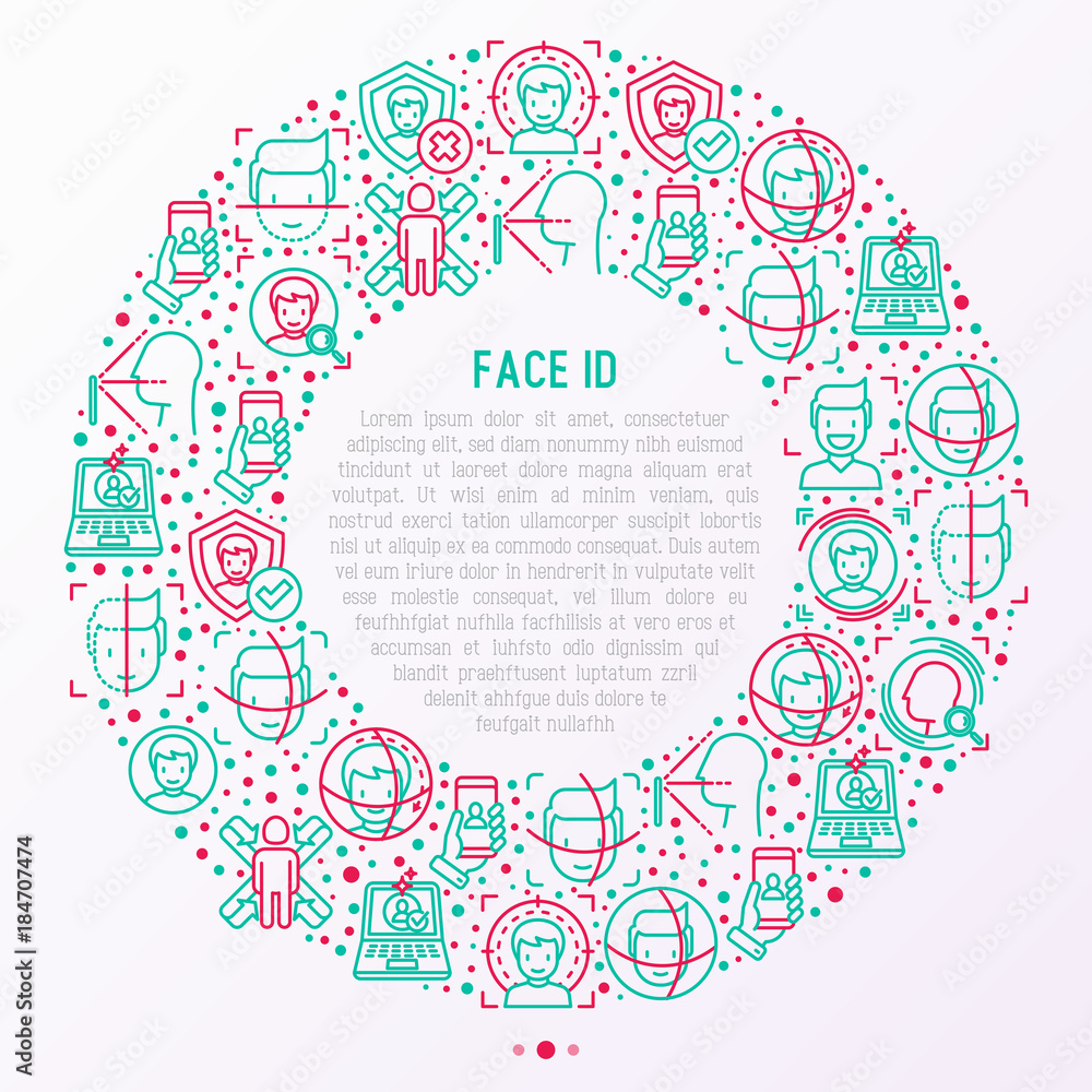 Poster face id concept in circle with thin line icons: face recognition, scanning, mobile authentication, a