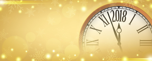 Obraz na płótnie Canvas Vector 2018 Happy New Year with retro clock on gold snowflakes background, for your copy space.