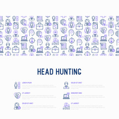Fototapeta na wymiar Head hunting concept with thin line icons: employee, hr manager, focus, resume; briefcase; achievements; career growth, interview. Vector illustration for banner, web page, print media.