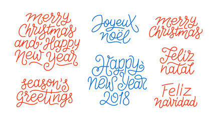 Merry Christmas, Happy New Year 2018, Feliz Navidad, Feliz Natal, Joyeux Noel, Seasons greetings line art calligraphic lettering quotes isolated on white background. Editable stroke. Typography design © aerial333