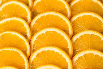 Bright orange background from slices of juicy Orange. Healthy food, background.