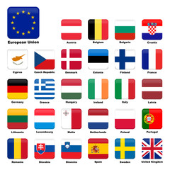 European Union, countries flags. Set of icons, square buttons. Abstract concept. Vector illustration on white background.
