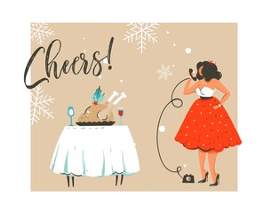 Hand drawn vector abstract Merry Christmas and Happy New Year time retro vintage cartoon illustration greeting card with beautuful woman in dress and modern typography isolated on white background