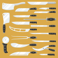 Knives vector butcher meat knife set chef cutting with kitchen drawknife or cleaver and sharp knifepoint illustration isolated on background