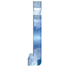Conceptual blue light cold frosted water or ice winter season font isolated on white snow background. Cool crystal decorative character cut of frozen liquid, transpaernt 3D illustration concept