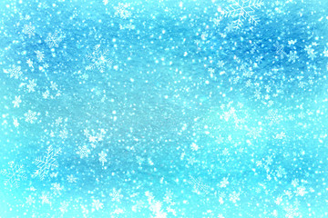 Blue Christmas background snow texture, abstraction, white snowflakes. Christmas background, winter Wonderland