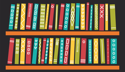 Books with ornament on shelves on dark background. Education, studying, reading vector illustration. © N.Savranska