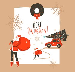 Hand drawn vector abstract Merry Christmas and Happy New Year time vintage cartoon illustrations greeting card template with Santa Claus family people walkin and red car isolated on white background