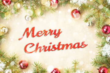 Fototapeta na wymiar Merry Christmas and New Year typographical on holiday background with Xmas decoration, branch of fir tree and snow