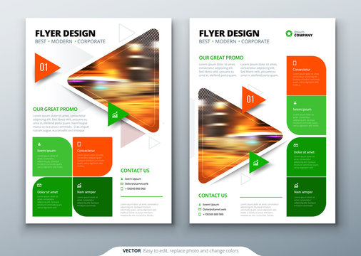 Flyer template layout design. Business flyer, brochure, magazine or flier mockup with triangular in bright colors. Vector