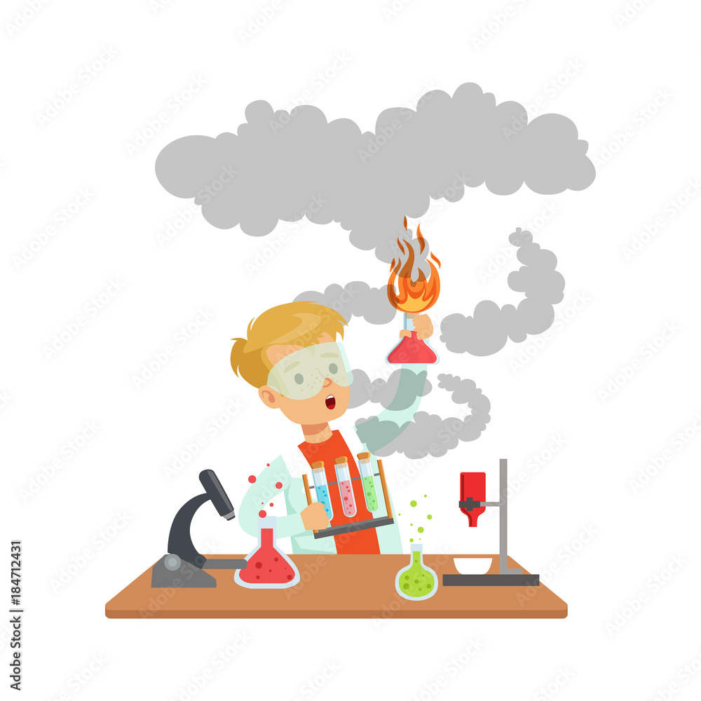 Poster scientist boy looking dirty holding an exploding test tube, schoolboy doing science experiment vecto
