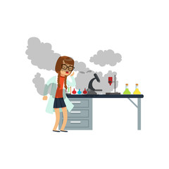  oughing girl after a failed chemical experiment, schoolgirl scientist experimenting in science chemistry laboratory vector Illustration