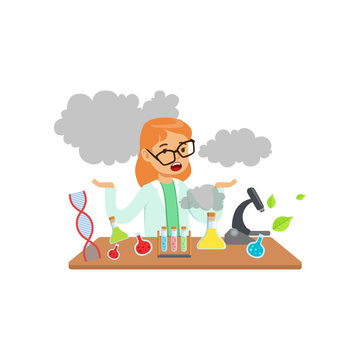 Girl scientist after a failed experiment, schoolgirl at chemistry lesson vector Illustration