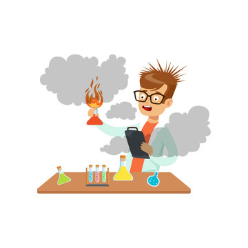 Boy scientist after a failed experiment, schoolboy at chemistry lesson vector Illustration