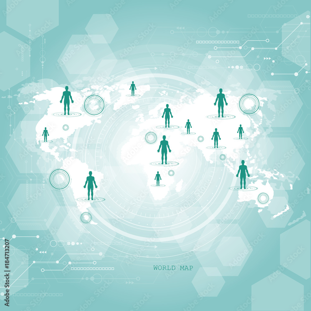 Poster global network connection. world map technology composition concept of global business. vector illus