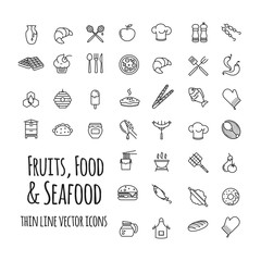 fruits, food and seafood outline set of vector icons