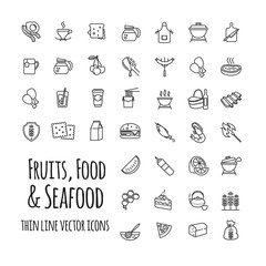 fruits, food and seafood outline vector icons set