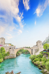 Beautiful view of the medieval town of Mostar from the Old Bridge in Bosnia and Herzegovina