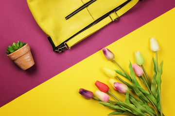 Bag, flowers and other womens accessories by color and the bright background. The view from the top. Flat lay.