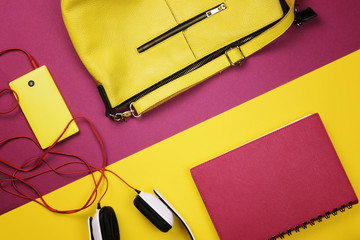 Set of different women's accessories and other items. Flat lay.