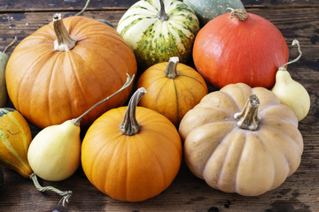 Pumpkins on wooden background