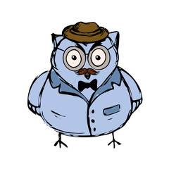 Cute owl in suit and with hat , glasses