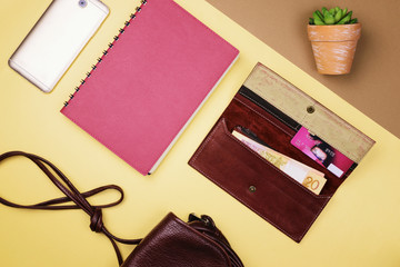 Set of different women's accessories and other items. Flat lay.