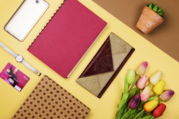 Bag, flowers and other womens accessories by color and the bright background. The view from the top. Flat lay.