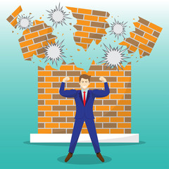 Strong Businessman In Front Of Breaking Brick Wall
