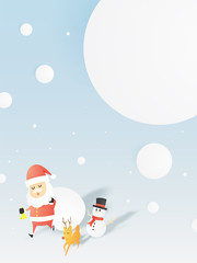 Santa claus, snowman and reindeer in paper art style with snow and snowflake background