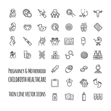 Pregnancy, fertilization and motherhood vector icon set. Gynecology, childbirth healthcare thin line icons set