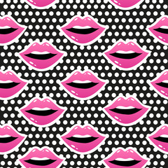 Female lips. Mouth with a kiss, smile, tongue, teeth and kiss me lettering on background. Vector comic seamless pattern in pop art retro style. Abstract seamless pattern for girls, boys, clothes.