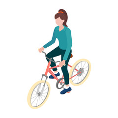 Sports girl on a bicycle in isometric view. Element for infographics, design. Vector illustration EPS10