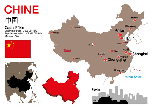 Chine - carte - symbole - drapeau - Pékin -monument - présentation - Shanghai - pays