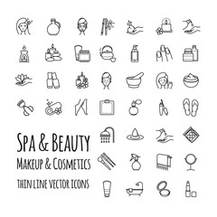 Spa, Beauty, makeup and cosmetics thin line vector icons set