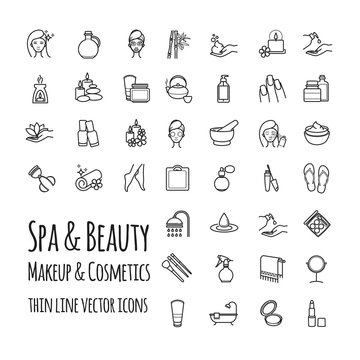 Spa, Beauty, makeup and cosmetics thin line vector icons set