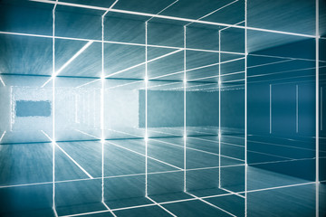 Abstract Futuristic dark corridor interior design with end of light.Future concept. 3D Rendering