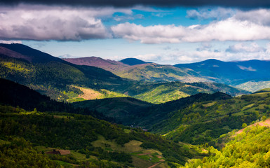 rolling forested hills on a cloudy springtime day. beautiful scenery of mountainous countryside