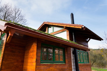 Wooden house with extensive green ecological living sod roof covered with vegetation mostly sedum...