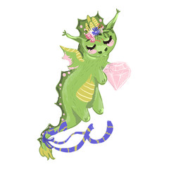 Cute baby dragon, hand drawn illustration. Dreaming dragon with beautiful shiny diamond (crystal) and flowers wreath on the head. Kids print, nursery poster, vintage vector watercolor