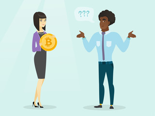 Confused african-american businessman looking at young woman with a bitcoin coin and expressing his unawareness about cryptocurrency. Blockchain network technology concept. Vector cartoon illustration