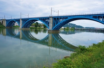 Blue bridge over the Drava river in Maribor, Slovenia